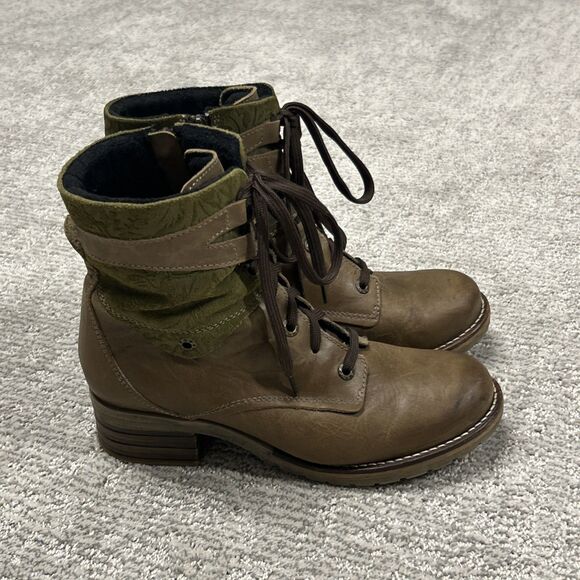 Dromedaris Kara Boots Womens 39 US 8.5 9 Suede Combat Heel Brown Green Leather - Picture 4 of 10
